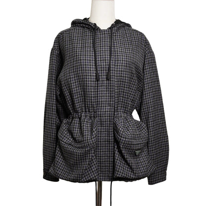 Prada 復古千鳥格紋連帽外套 藍黑色