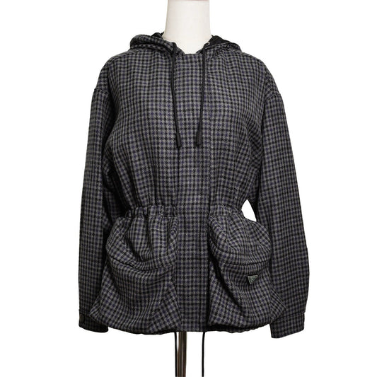 Prada 復古千鳥格紋連帽外套 藍黑色