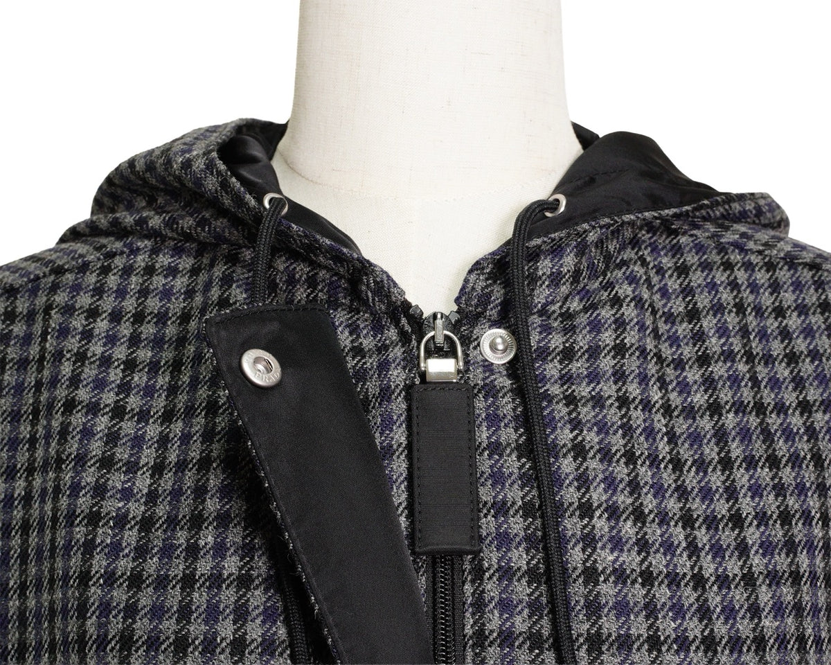 Prada 復古千鳥格紋連帽外套 藍黑色