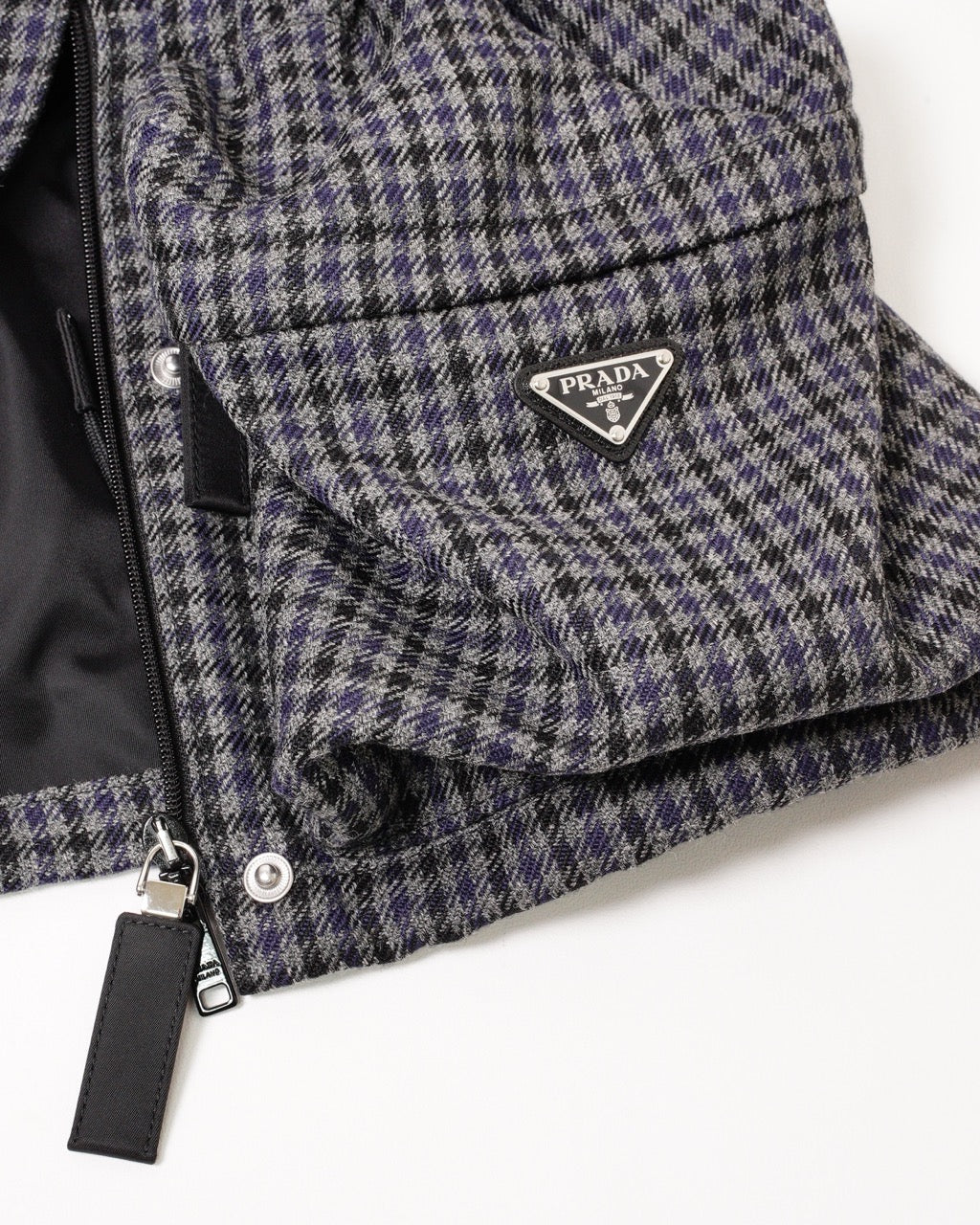 Prada 復古千鳥格紋連帽外套 藍黑色