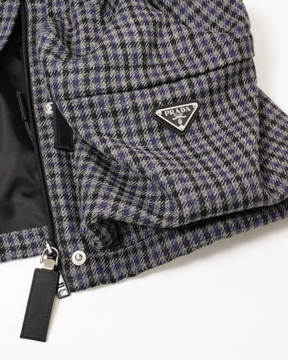Prada 復古千鳥格紋連帽外套 藍黑色