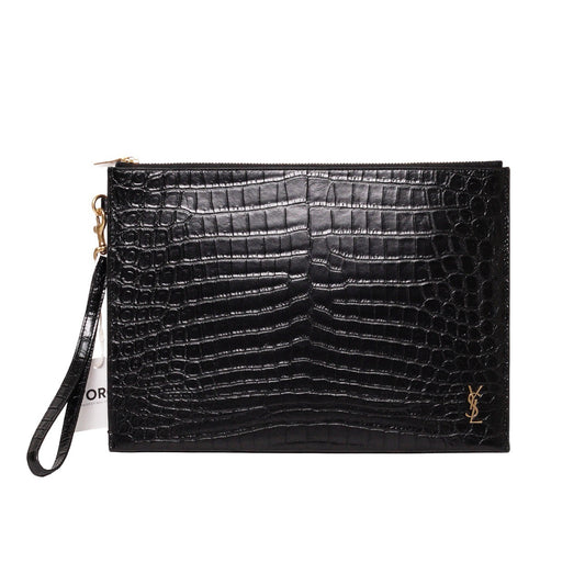 SAINT LAURENT YSL 黑色鱷魚壓紋皮革手拿包