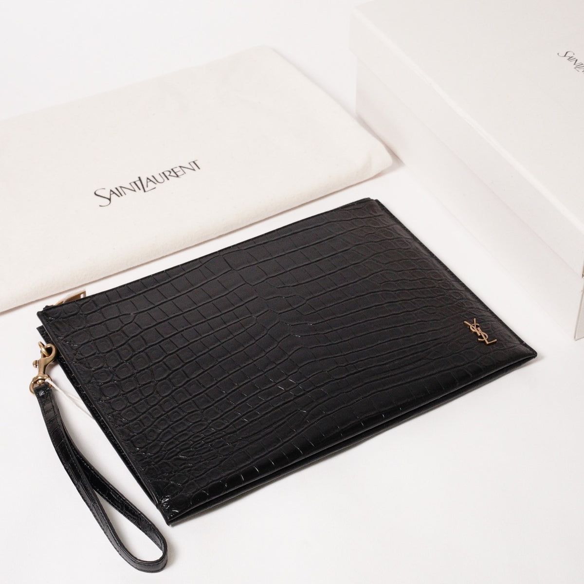 SAINT LAURENT YSL 黑色鱷魚壓紋皮革手拿包