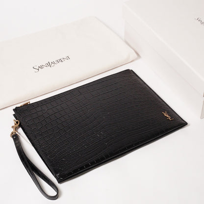 SAINT LAURENT YSL 黑色鱷魚壓紋皮革手拿包