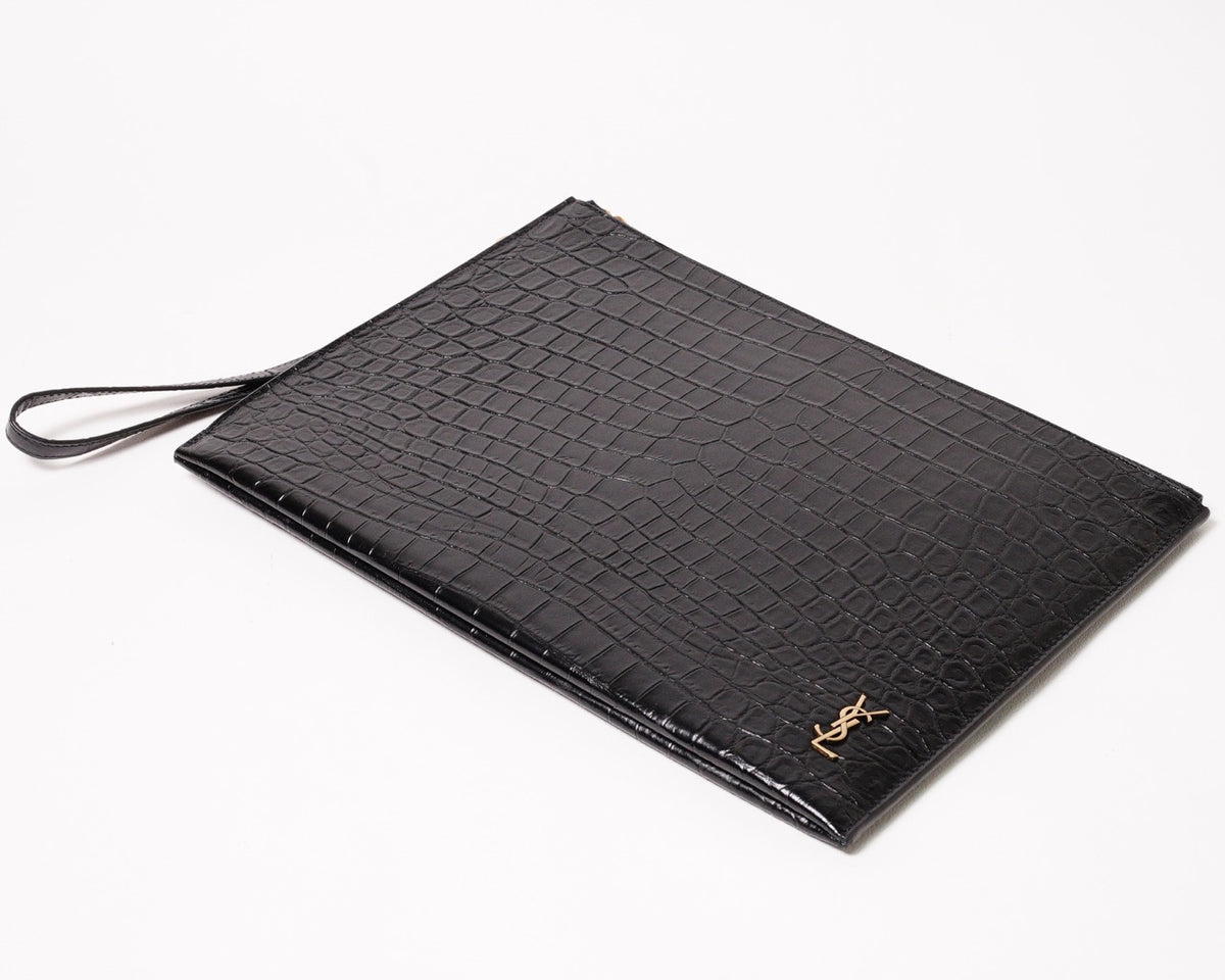 SAINT LAURENT YSL 黑色鱷魚壓紋皮革手拿包