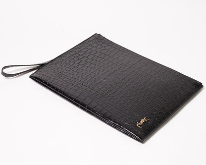 SAINT LAURENT YSL 黑色鱷魚壓紋皮革手拿包