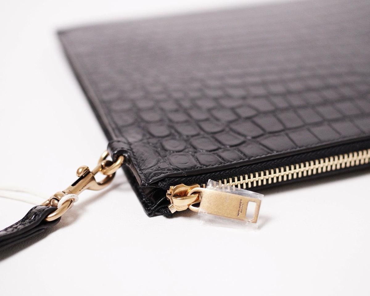 SAINT LAURENT YSL 黑色鱷魚壓紋皮革手拿包